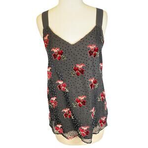 Floral velvet dot tank top Black red sleeveless v-neck medium lined lightweight